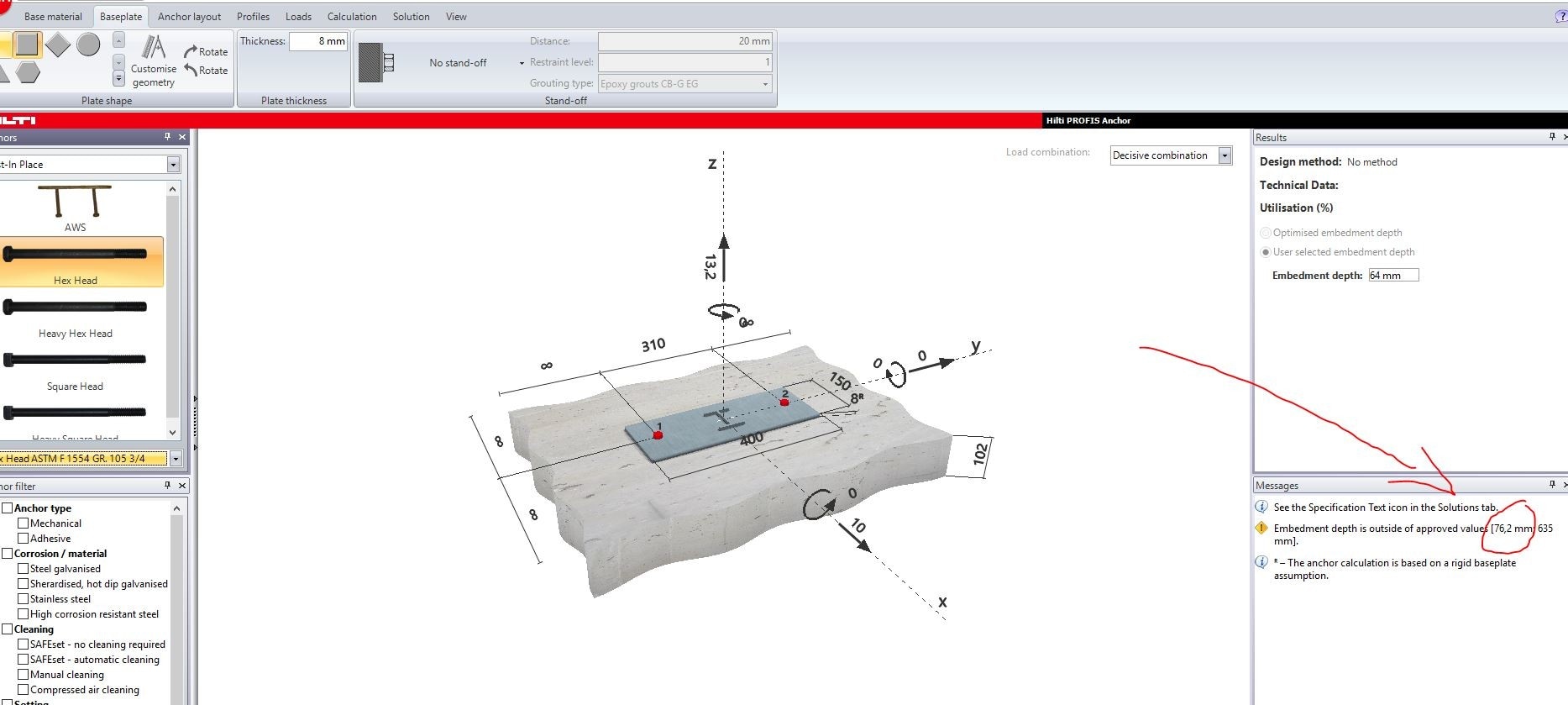 Embedment depth limitation in profis for cast in anchors Emb...